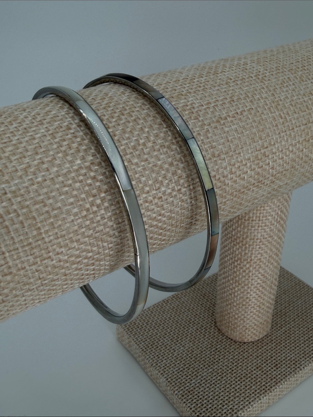 Delicate Silver with Iridescent Inlays Bangle Set - Modern Stackable Bracelets - Picture 3 of 7